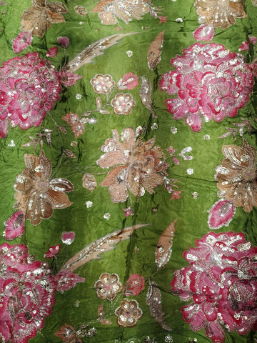 Rajputi Dress - Natural Crepe Pure With Zari And Sequin Work - Mehandi Green With Multicolour Floral