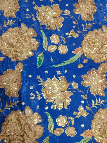 Rajputi Dress - Natural Crepe Pure With Zari And Sequin Work - Royal Blue With Multicolour Floral