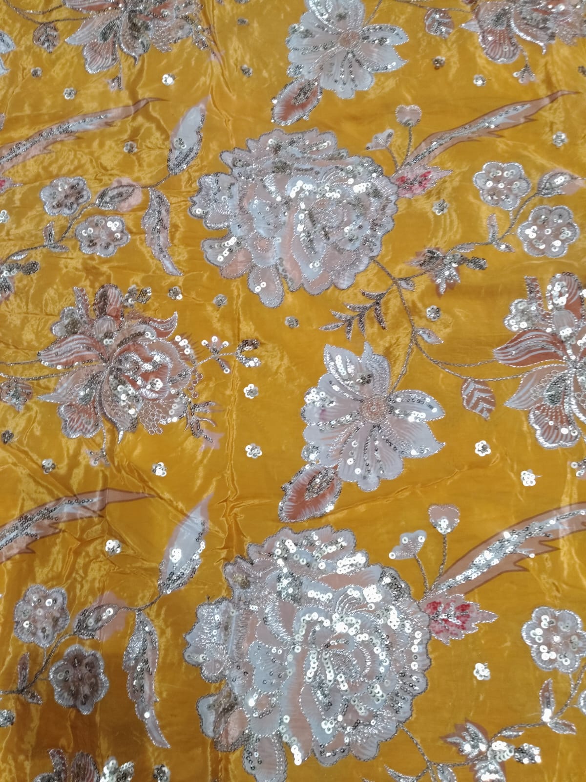 Rajputi Dress - Natural Crepe Pure With Zari And Sequin Work - Mustard Yellow With Multicolour Floral