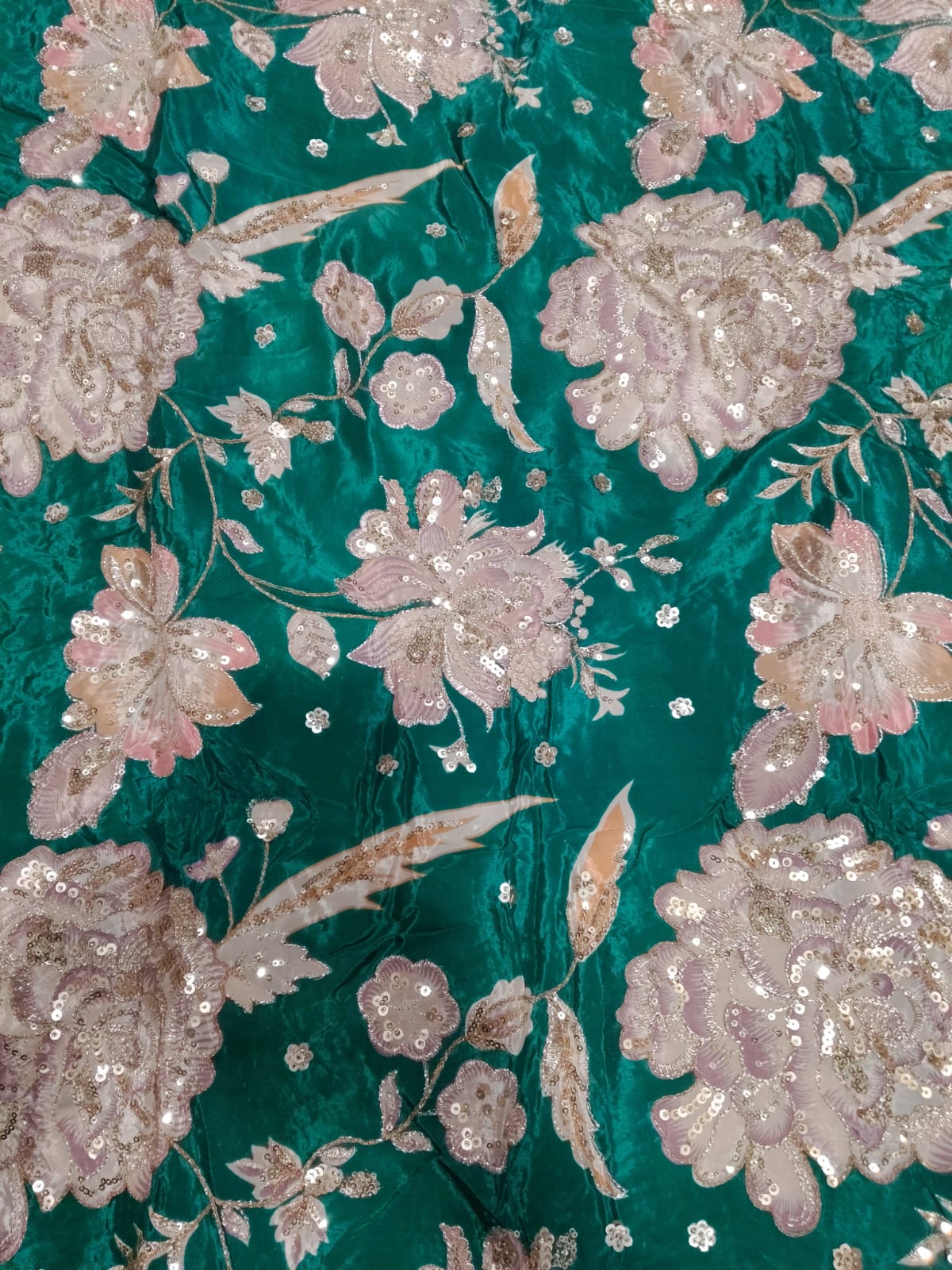 Rajputi Dress - Natural Crepe Pure With Zari And Sequin Work - Bottle Green With Multicolour Floral