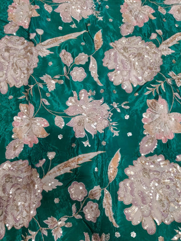 Rajputi Dress - Natural Crepe Pure With Zari And Sequin Work - Bottle Green With Multicolour Floral