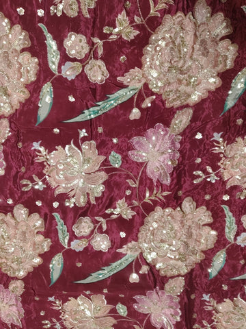 Rajputi Dress - Natural Crepe Pure With Zari And Sequin Work - Wine With Multicolour Floral