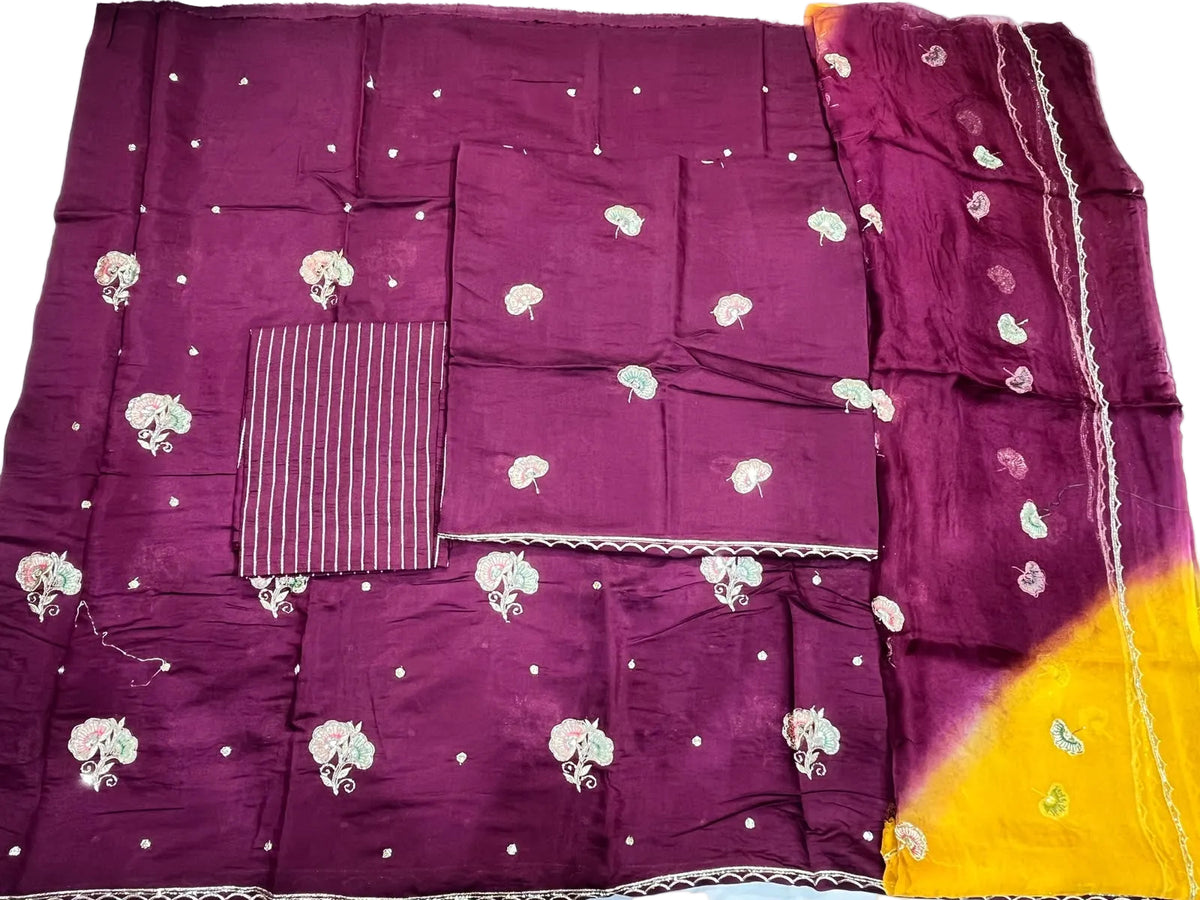 Rajputi Poshak - Cotton With Zari And Cutdaana Work - Wine Wine Yellow Shaded Tora Odhni