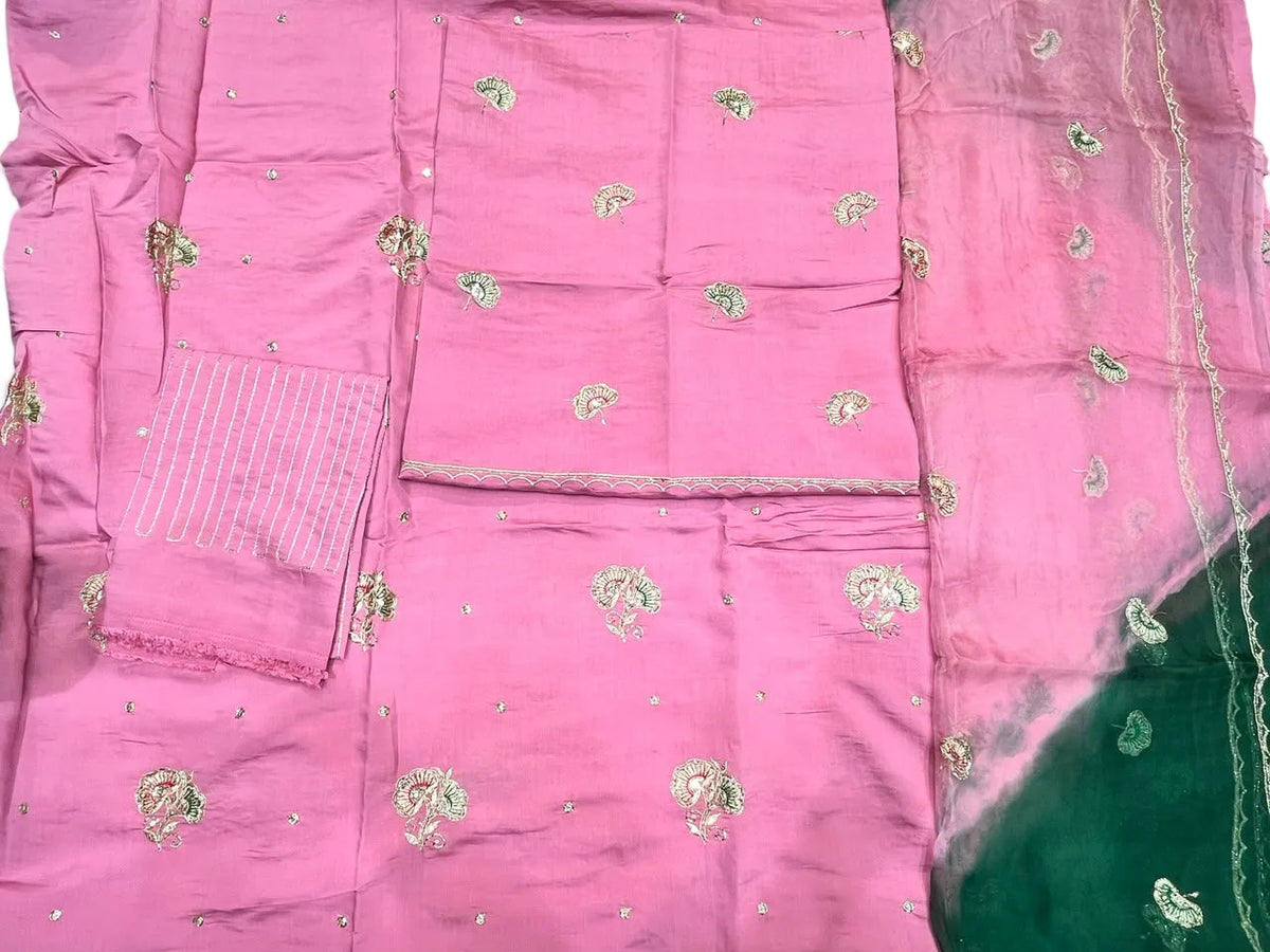 Rajputi Poshak - Cotton With Zari And Cutdaana Work - Pink With Pink Green Shaded Tora Odhni