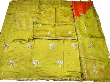Rajputi Poshak - Cotton With Zari And Cutdaana Work - Mehandi With Mehandi Green Shaded Tora Odhni