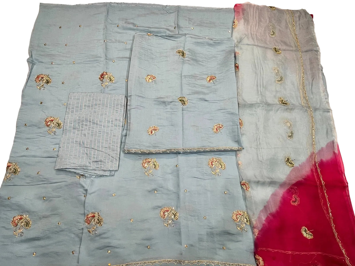 Rajputi Poshak - Cotton With Zari And Cutdaana Work - Powder Blue With Powder Blue Pink Shaded Tora Odhni