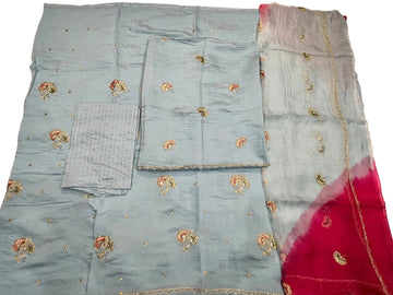 Rajputi Poshak - Cotton With Zari And Cutdaana Work - Powder Blue With Powder Blue Pink Shaded Tora Odhni