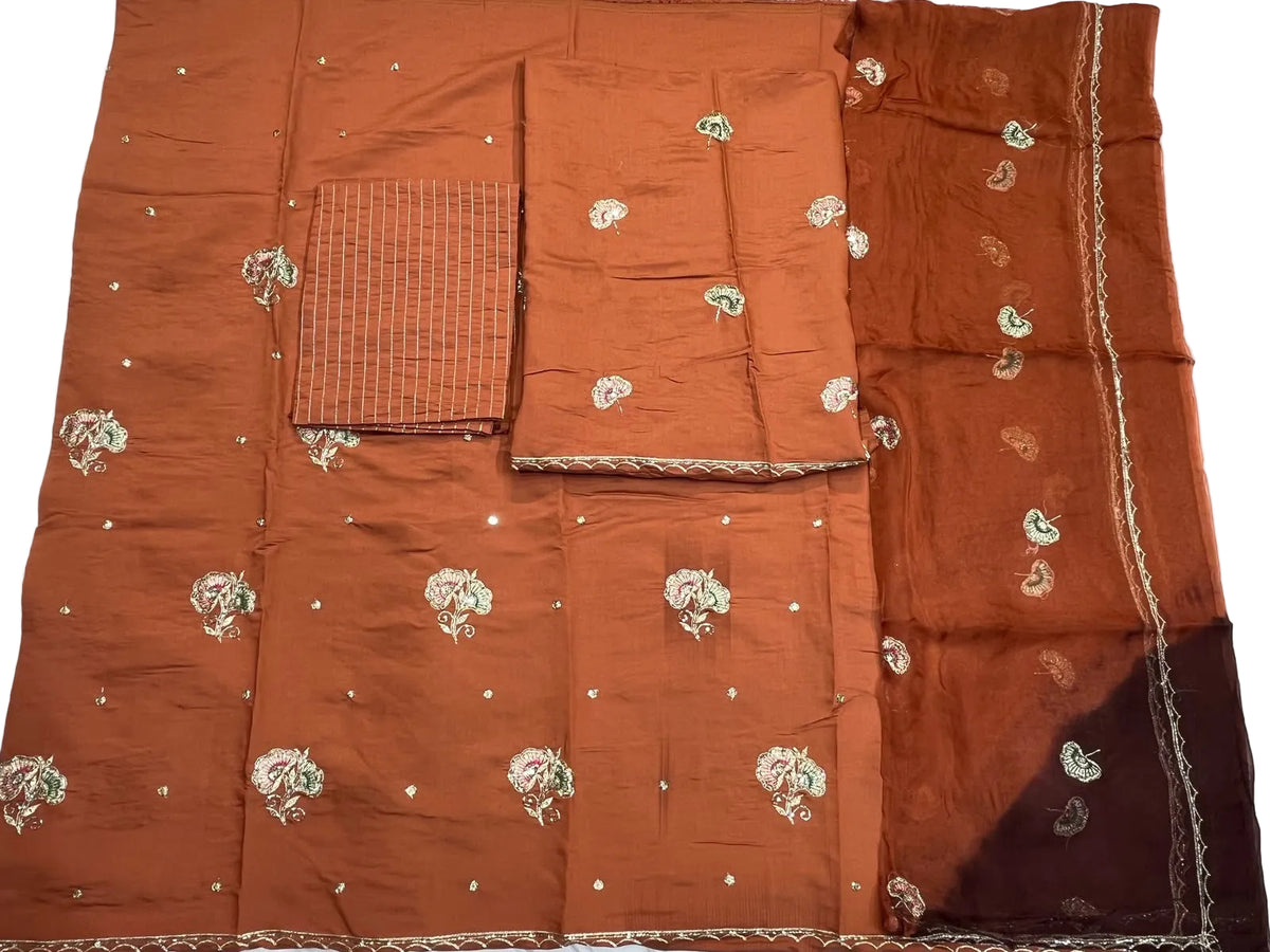 Rajputi Poshak - Cotton With Zari And Cutdaana Work - Rust Brown And Rust Brown Dark Brown Shaded Tora Odhni