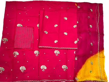 Rajputi Poshak - Cotton With Zari And Cutdaana Work - Rani Pink With Rani Pink Yellow Shaded Tora Odhni