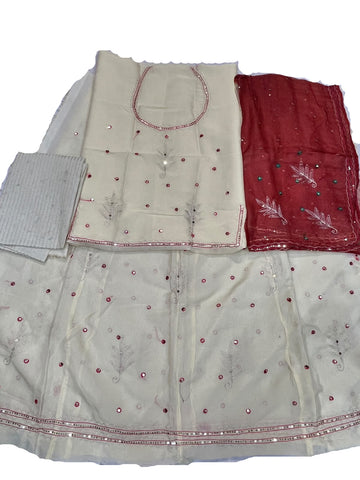 Rajputi Poshak - Tissue With Zari And Mukesh Tari Work - Cream With Cream Red Shaded Tora Odhni