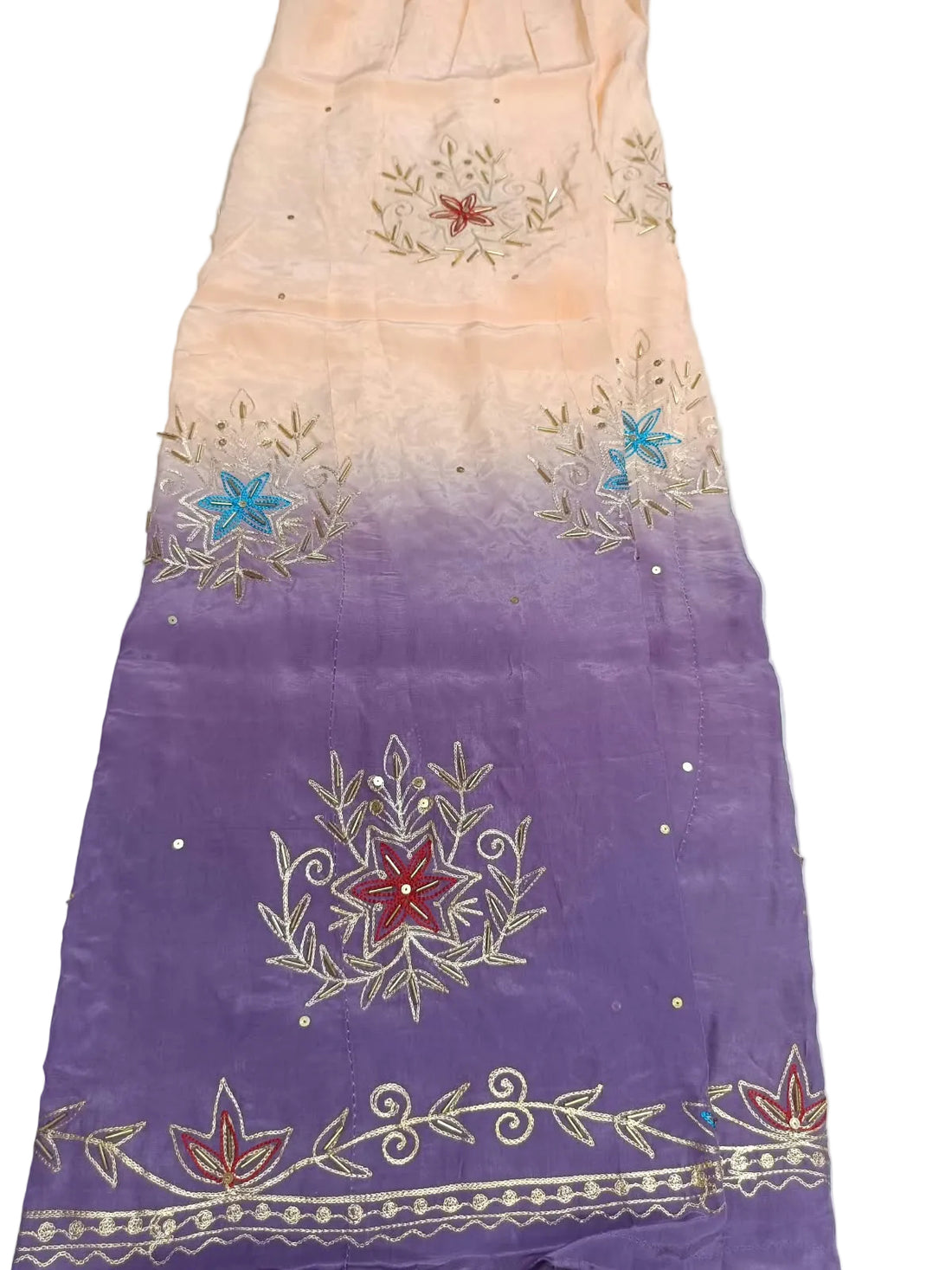 Peach colour rajputi poshak fabric shading into lavender purple with zari cutdana bootas and a zari hem border