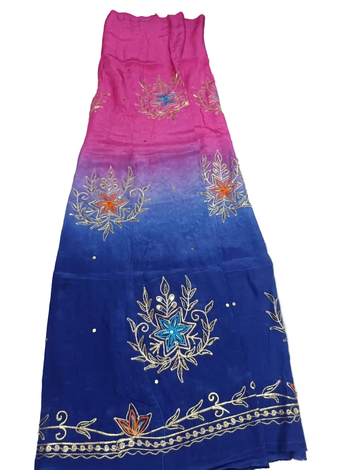 Pink blue rajputi poshak fabric shaded from rani pink to royal blue, with zari cutdana bootas and an orange lotus zari border