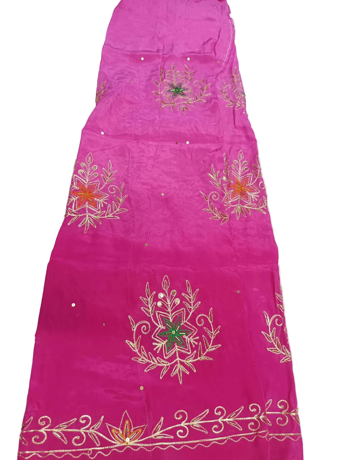 Dark pink colour rajputi poshak fabric shading into rani pink, with green and orange zari cutdana bootas