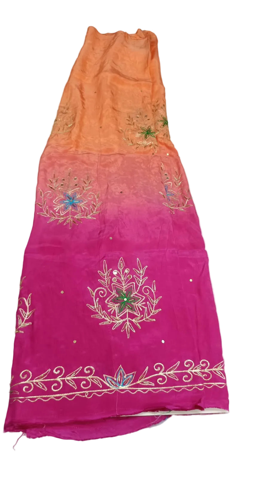 Orange and pink rajputi poshak fabric shaded from gajri orange to rani pink, with zari cutdana bootas and a turquoise lotus zari border