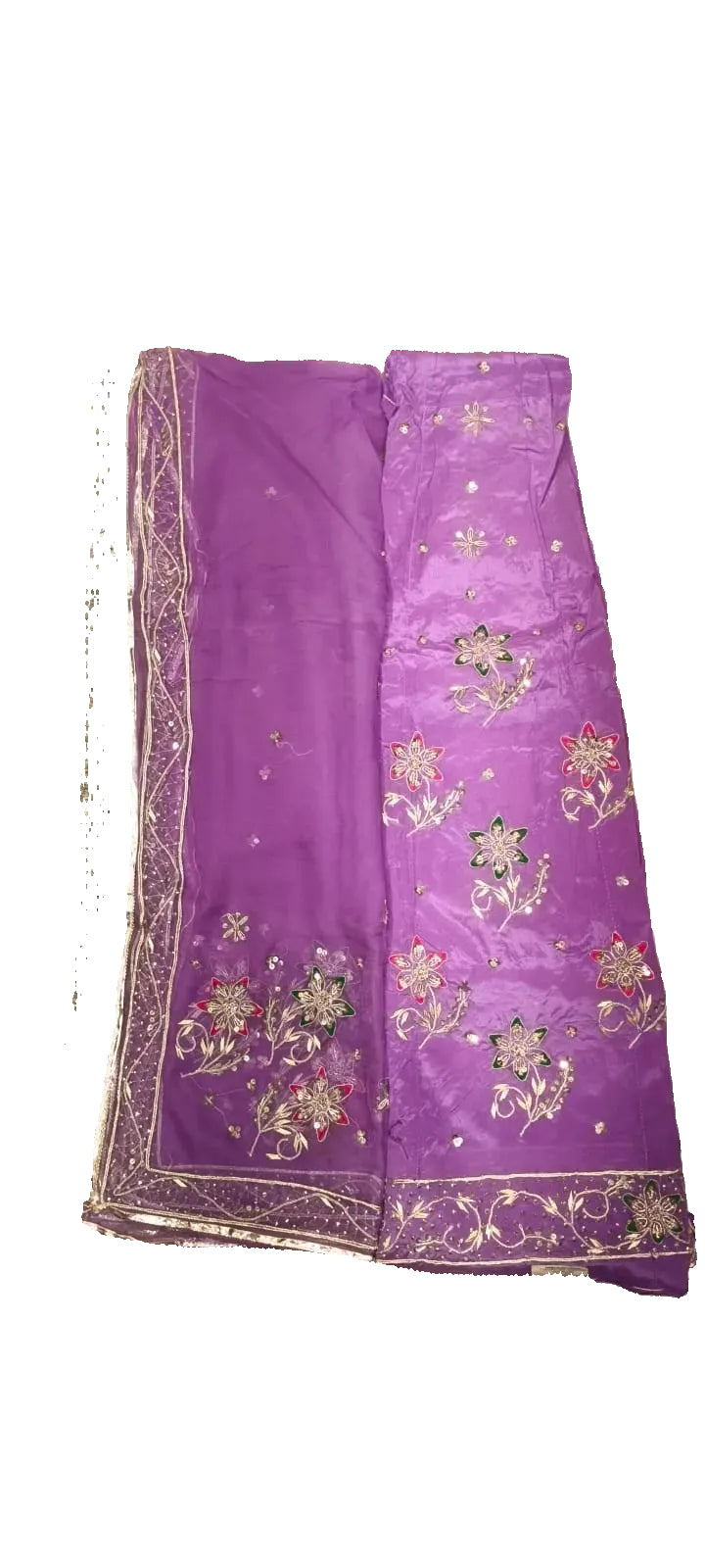 Purple fabric with floral patterns on a beige surface