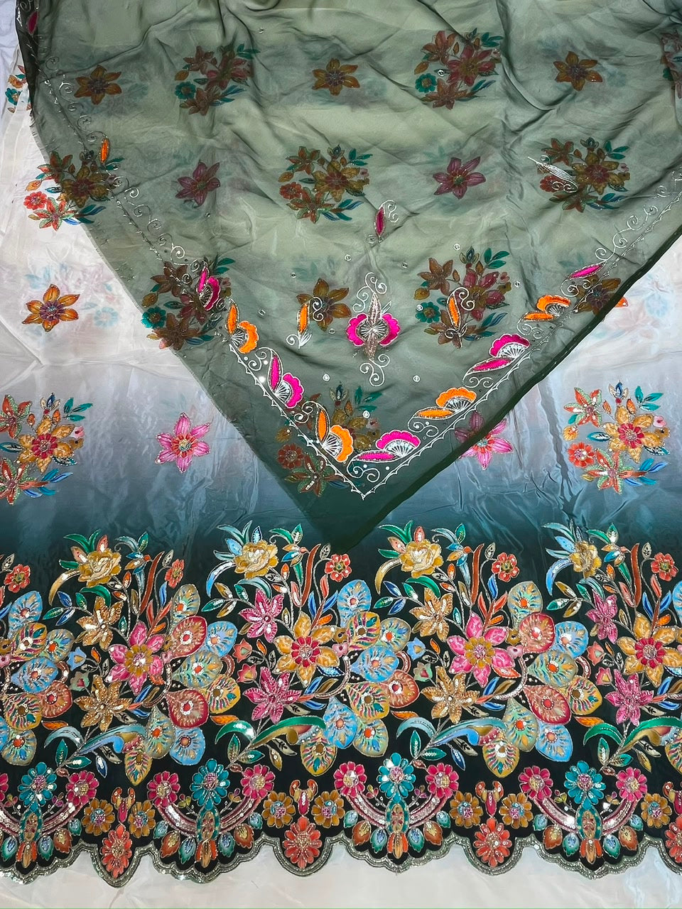 Pure Cut Work Floral Embroidered Fabric with Designer Heavy Border | Premium Rajputi Dress Material Fabric