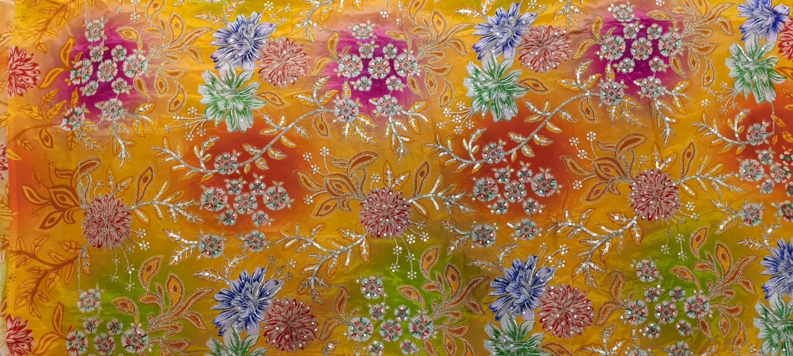Colorful floral pattern on a textured fabric background