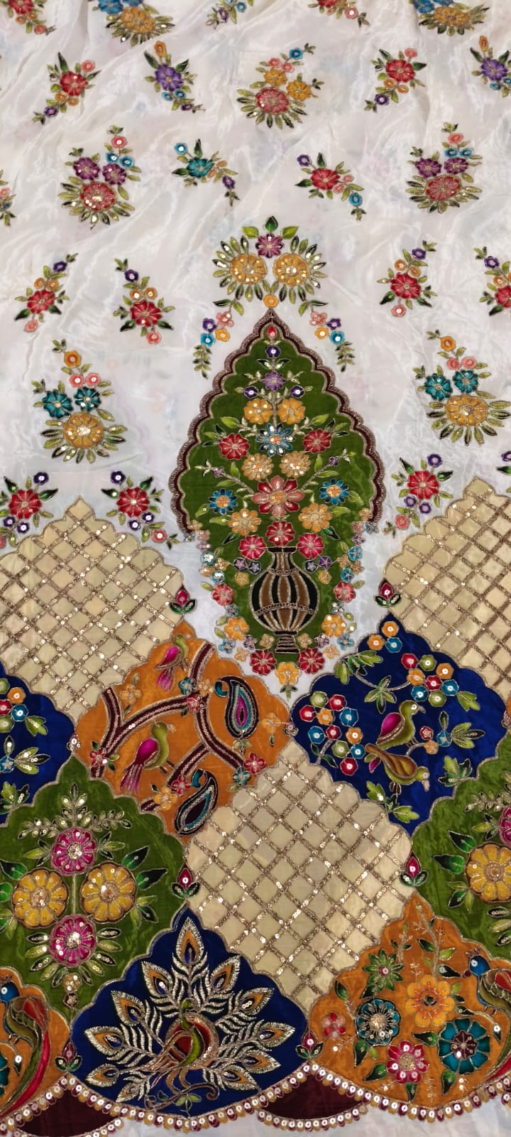 Decorative fabric with intricate floral and geometric patterns in multicolors on a white background