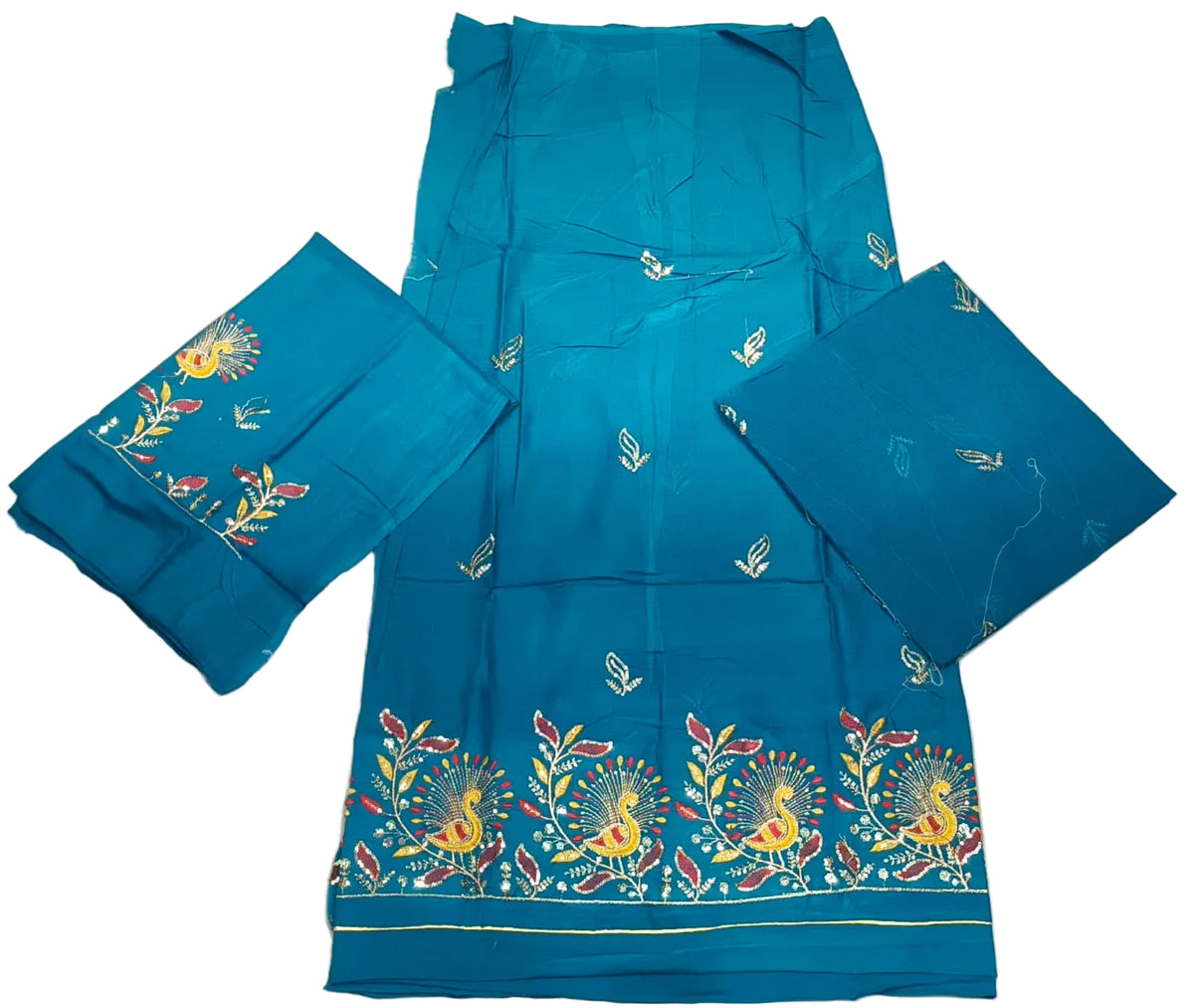 Blue embroidered fabric set on a white background