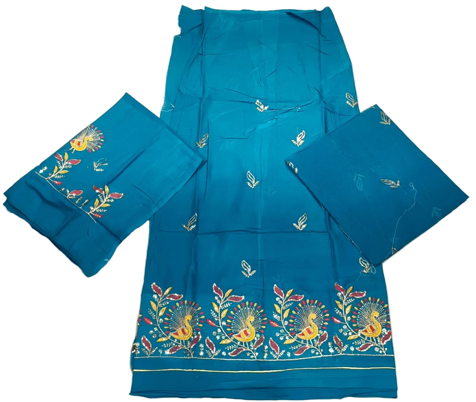 Blue embroidered fabric set on a white background