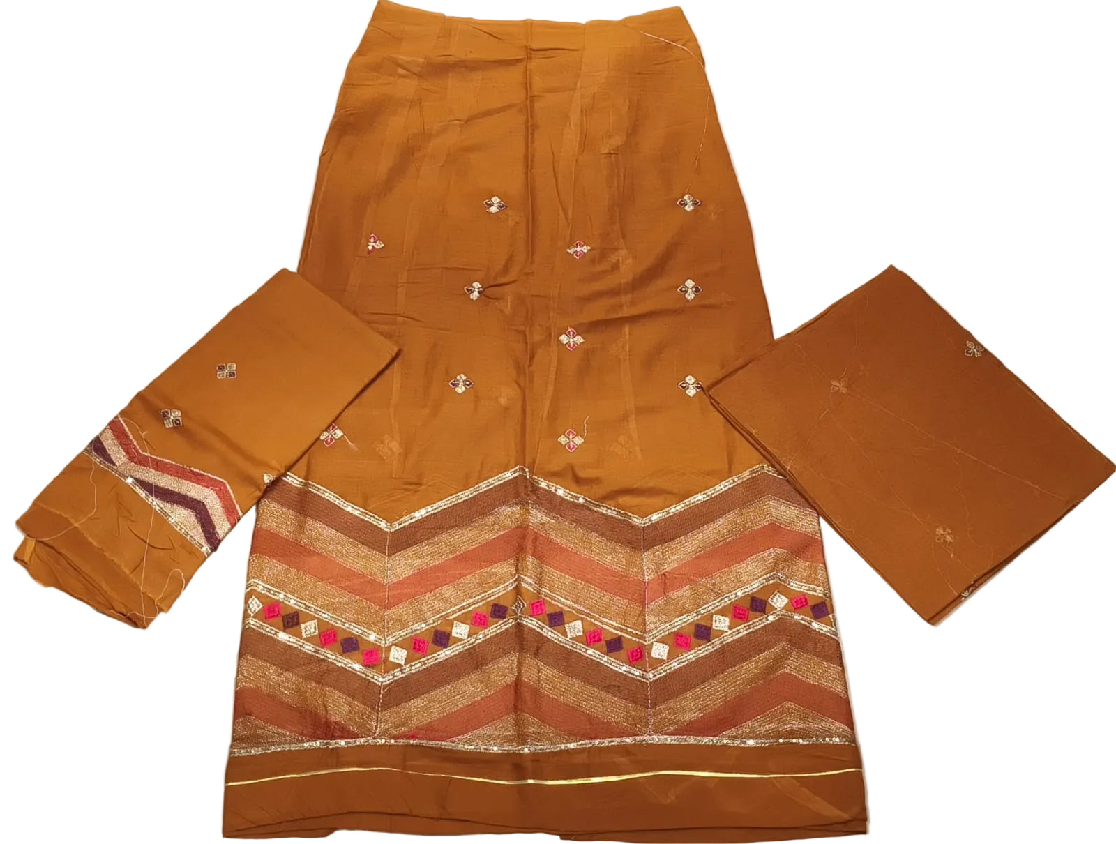 Brown traditional outfit with embroidered details on a white background