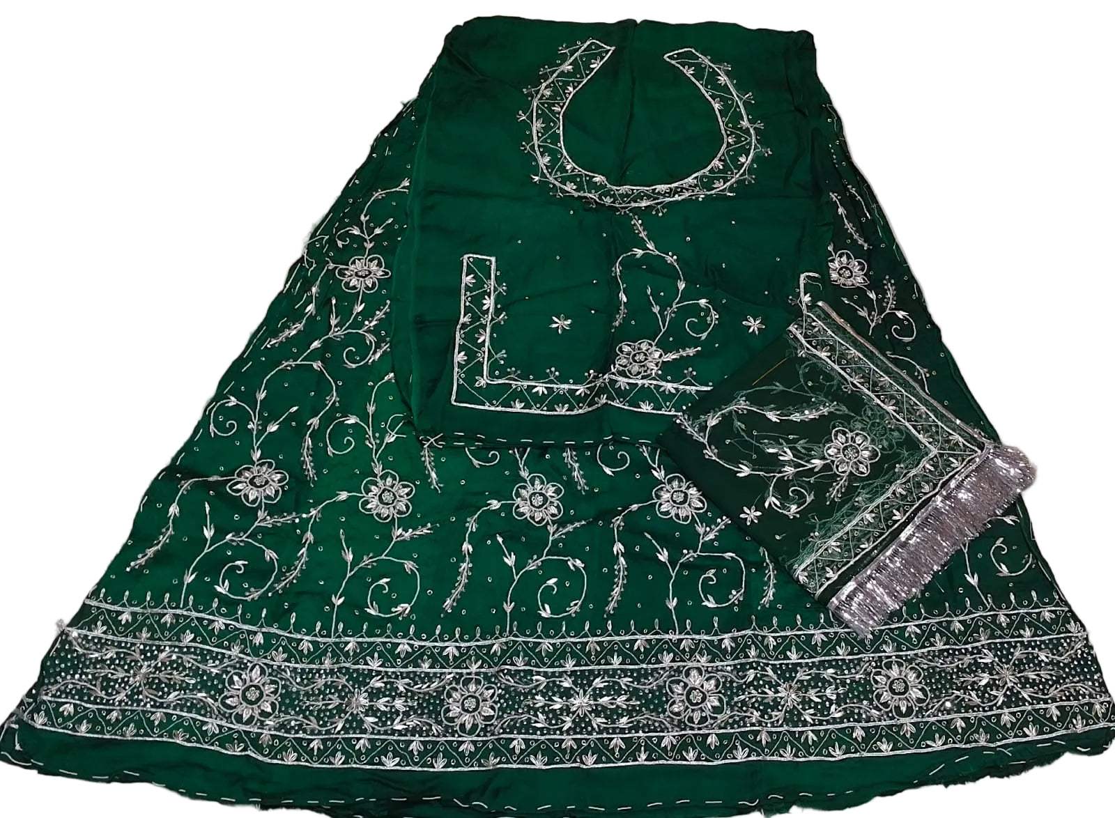 Rose Border Silver Work Rajputi Poshak with Thakhurji Pure Odhni | Bember Satin Traditional Dress