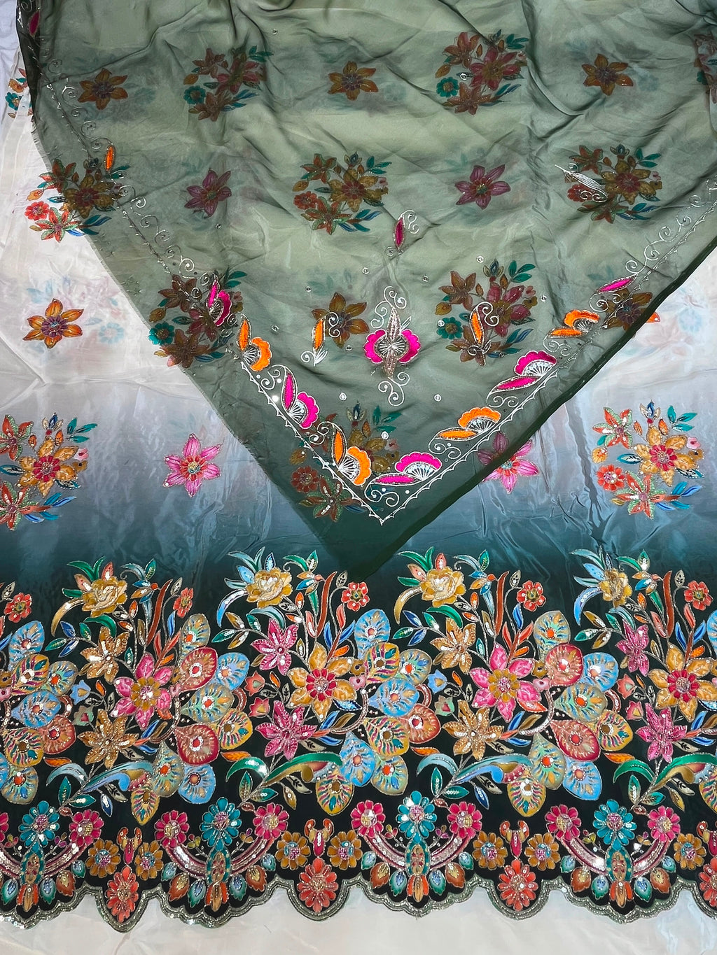 Sea Green & Ivory Cutwork Border Rajputi Poshak with Pure Odhni | Natural Crepe Fabric | Zari Embroidery Work