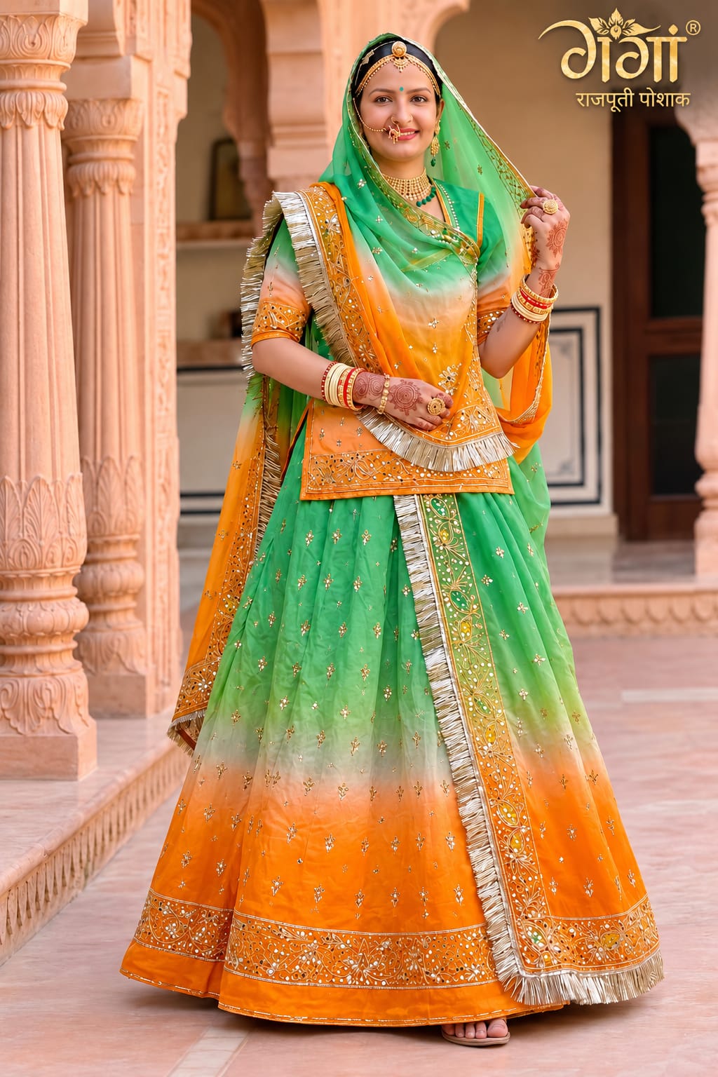 Rajputi Poshak – Ghevar Design Natural Crepe – Mint Green, Peach & Burnt Orange with Thakhurji Odhni – Ganga Rajputi Poshak, Bikaner