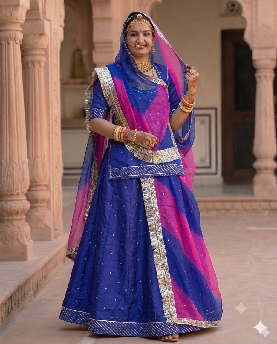 Rajputi Poshak - Tissue Pure With Doria Odhni - Blue With Double Colour Doria Odhni