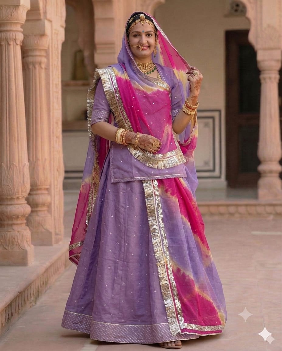 Rajputi Poshak - Mukesh Taari Tissue Pure - Purple With Double Colour Doria Odhni