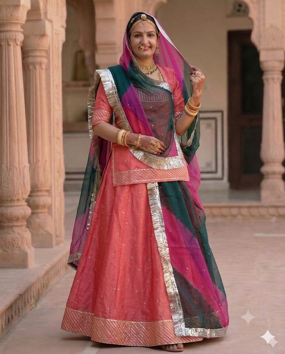 Rajputi Poshak - Tissue Pure With Doria Odhni - Coral Pink With Double Colour Doria Odhni