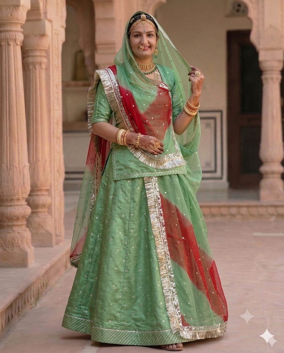 Rajputi Poshak - Tissue Pure With Doria Odhni - Mint Green With Double Colour Doria Odhni