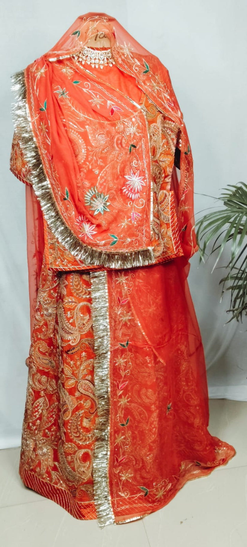 Rust Orange Double Kerry Position Print Natural Pure Crepe Suit Fabric with Rajan Zardoji Handwork Odhni | Traditional Rajputi Dress Material