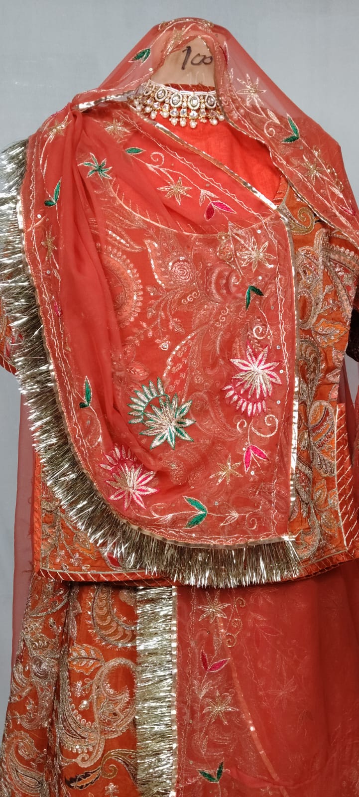 Rust Orange Double Kerry Position Print Natural Pure Crepe Suit Fabric with Rajan Zardoji Handwork Odhni | Traditional Rajputi Dress Material