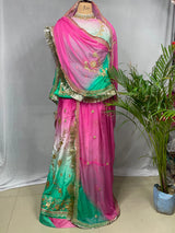 Pink & Sea Green Ombre Rajputi Poshak for Women | Crepe Fabric | Zardoji & Sequin Work Traditional Designer Poshak