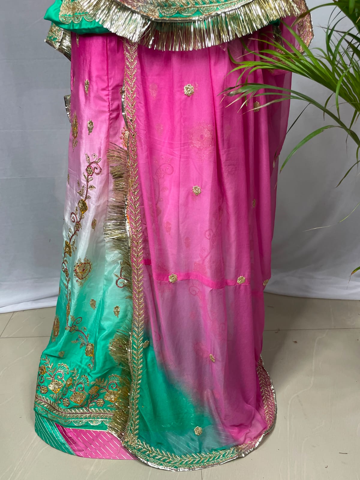 Pink & Sea Green Ombre Rajputi Poshak for Women | Crepe Fabric | Zardoji & Sequin Work Traditional Designer Poshak