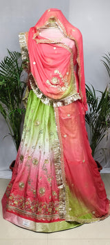 Green & Pink Ombre Rajputi Poshak in Crepe Fabric | Zardoji & Sequin Work Traditional Bridal Dress