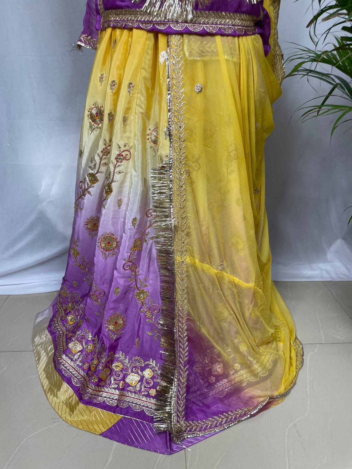 Yellow Purple Ombre Gradient Rajputi Poshak for Women | Crepe Fabric | Zardoji & Sequin Work | Traditional Rajasthani Dress