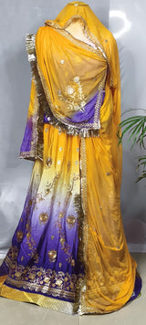 Yellow Purple Ombre Gradient Rajputi Poshak for Women | Crepe Fabric | Zardoji & Sequin Work | Traditional Rajasthani Dress