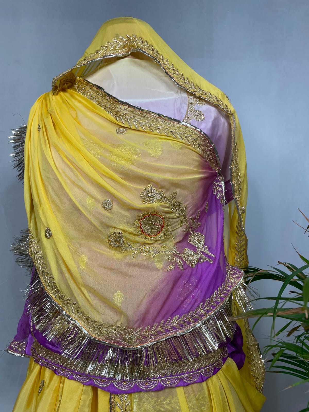 Yellow Purple Ombre Gradient Rajputi Poshak for Women | Crepe Fabric | Zardoji & Sequin Work | Traditional Rajasthani Dress