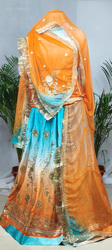 Sky Blue & Orange Ombre Shaded Rajputi Poshak in Crepe Fabric with Zardoji & Sequin Work | Traditional Rajasthani Dress