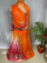 Ombre Shaded Gradient Rajputi Poshak in Crepe Fabric with Zardoji & Sequin Work | Orange Pink Traditional Rajputi Dress