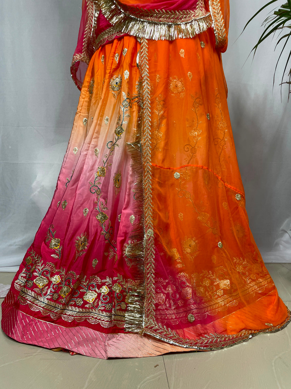 Ombre Shaded Gradient Rajputi Poshak in Crepe Fabric with Zardoji & Sequin Work | Orange Pink Traditional Rajputi Dress