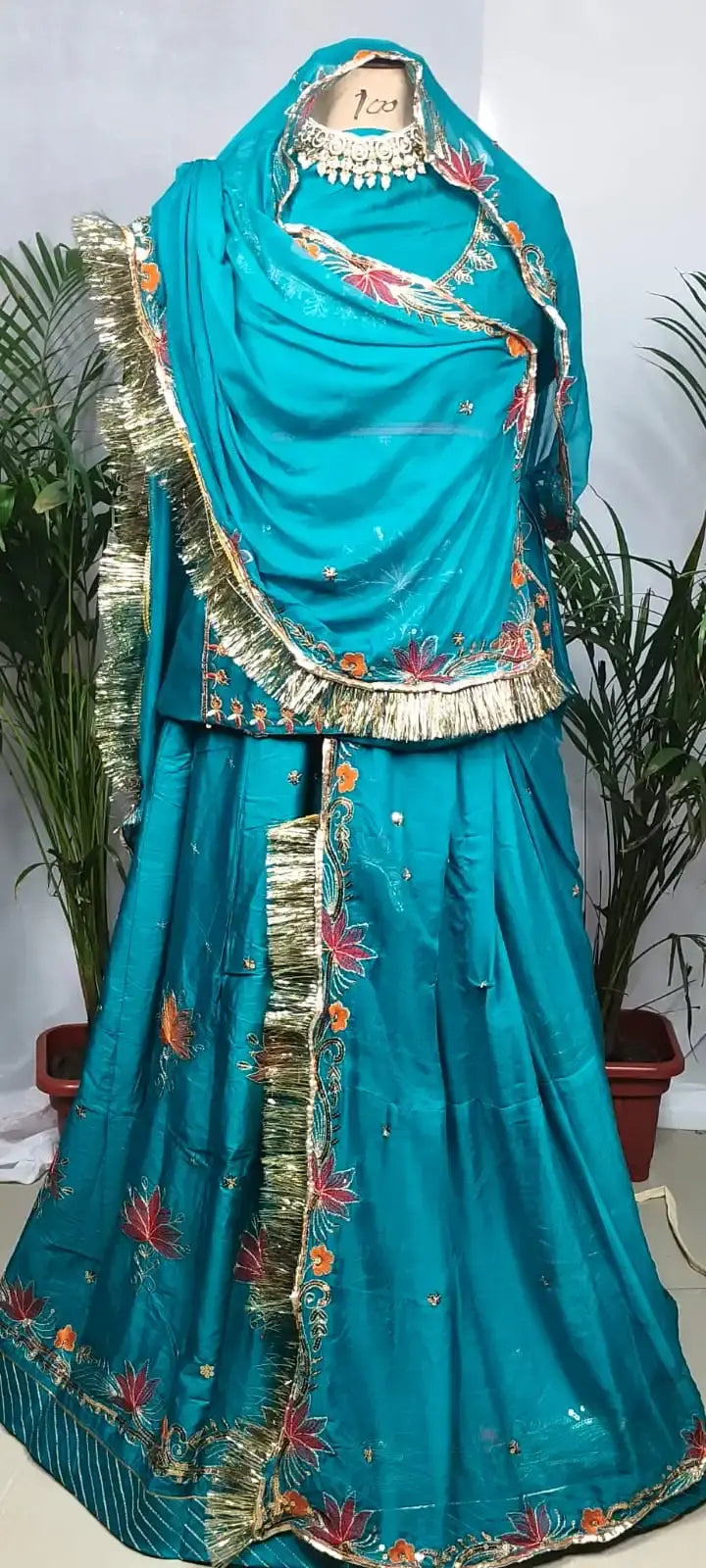 Rajputi Poshak – Small Butti Zardozi & Sequin Crepe – Peacock Blue