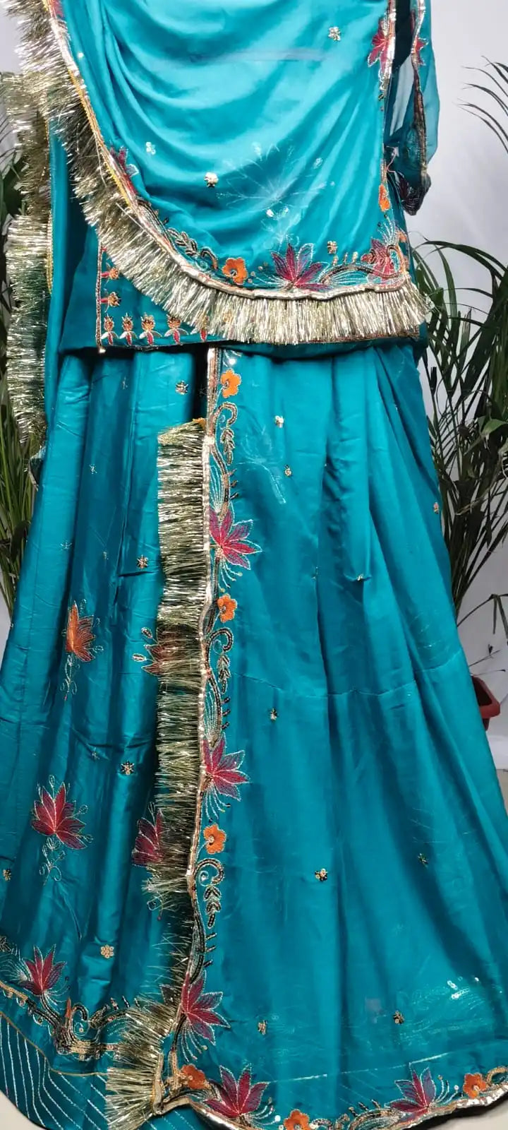 Rajputi Poshak – Small Butti Zardozi & Sequin Crepe – Peacock Blue