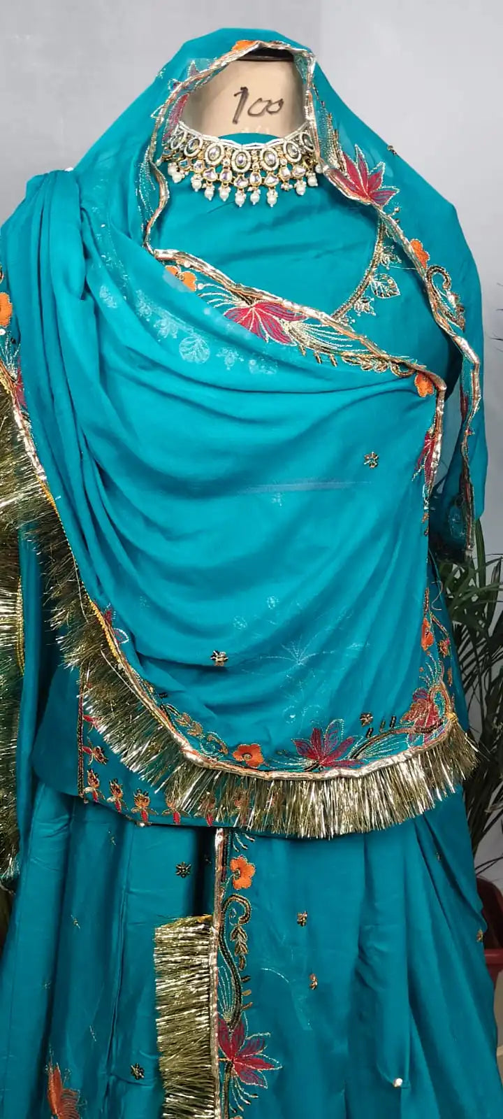 Rajputi Poshak – Small Butti Zardozi & Sequin Crepe – Peacock Blue