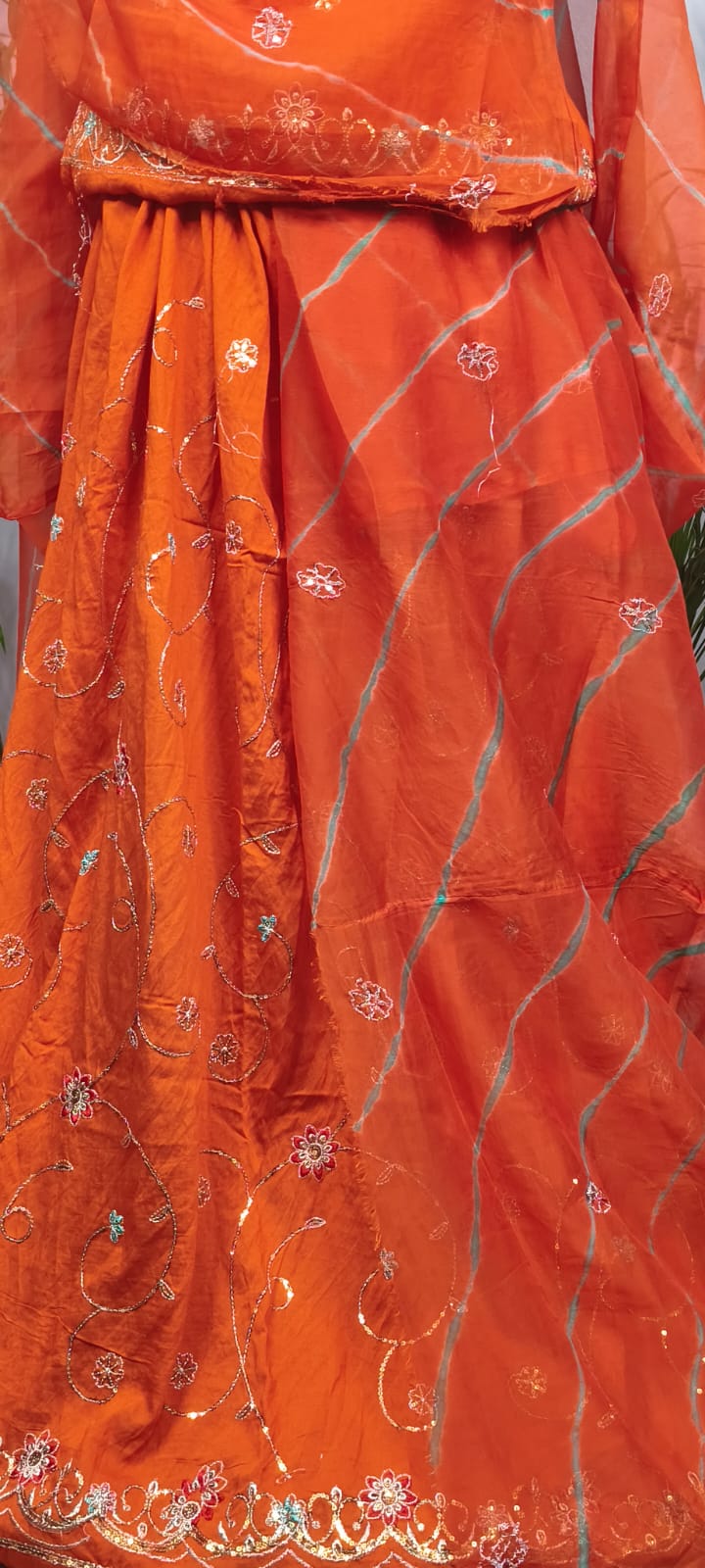Rajputi Poshak - Cotton Suit With Humrahi Lehriya Odhni - Orange With Same Colour Humrahi Odhni