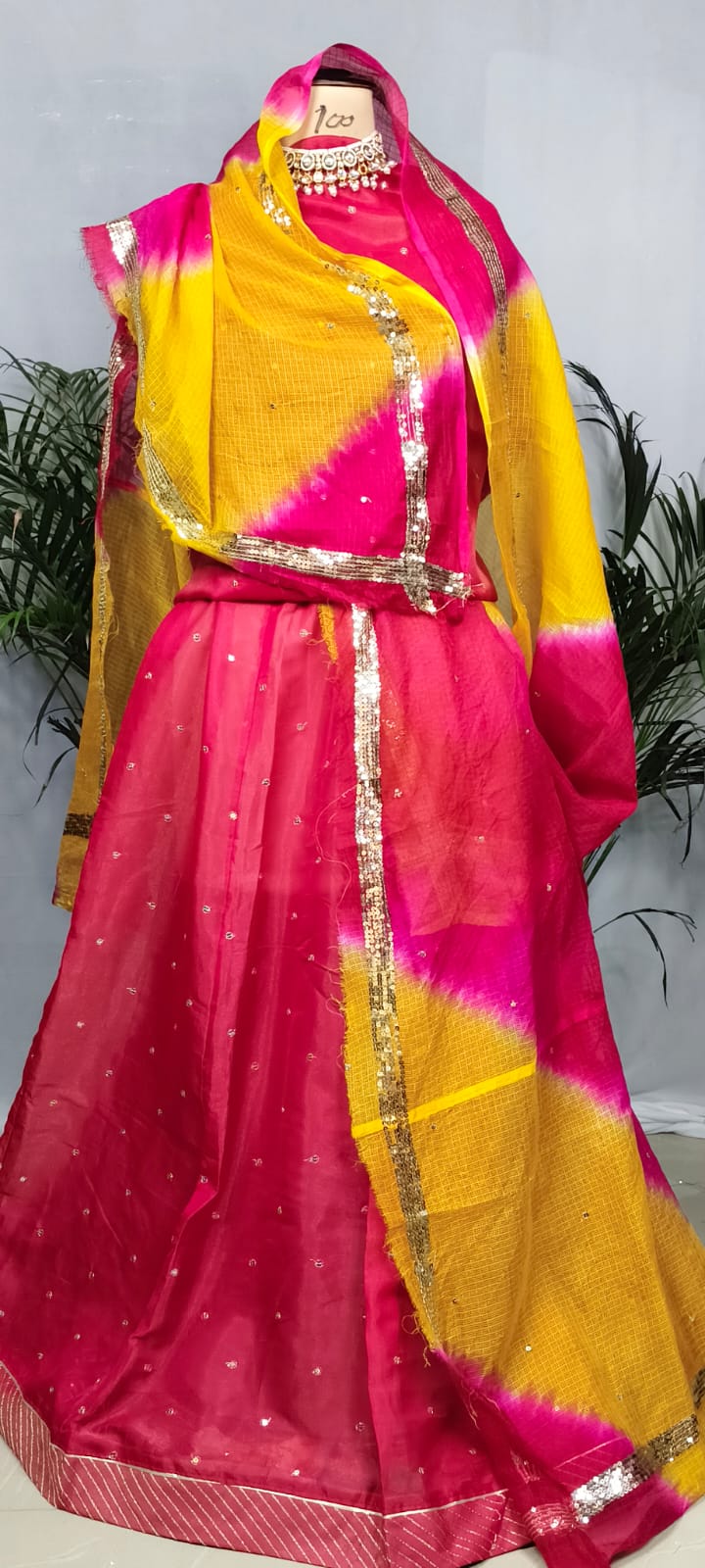 Rajputi poshak - Tissue Pure With Doria Odhni - Pink With Double Colour Doria Odhni