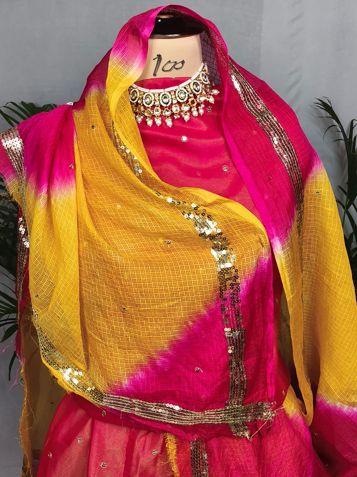 Rajputi poshak - Tissue Pure With Doria Odhni - Pink With Double Colour Doria Odhni