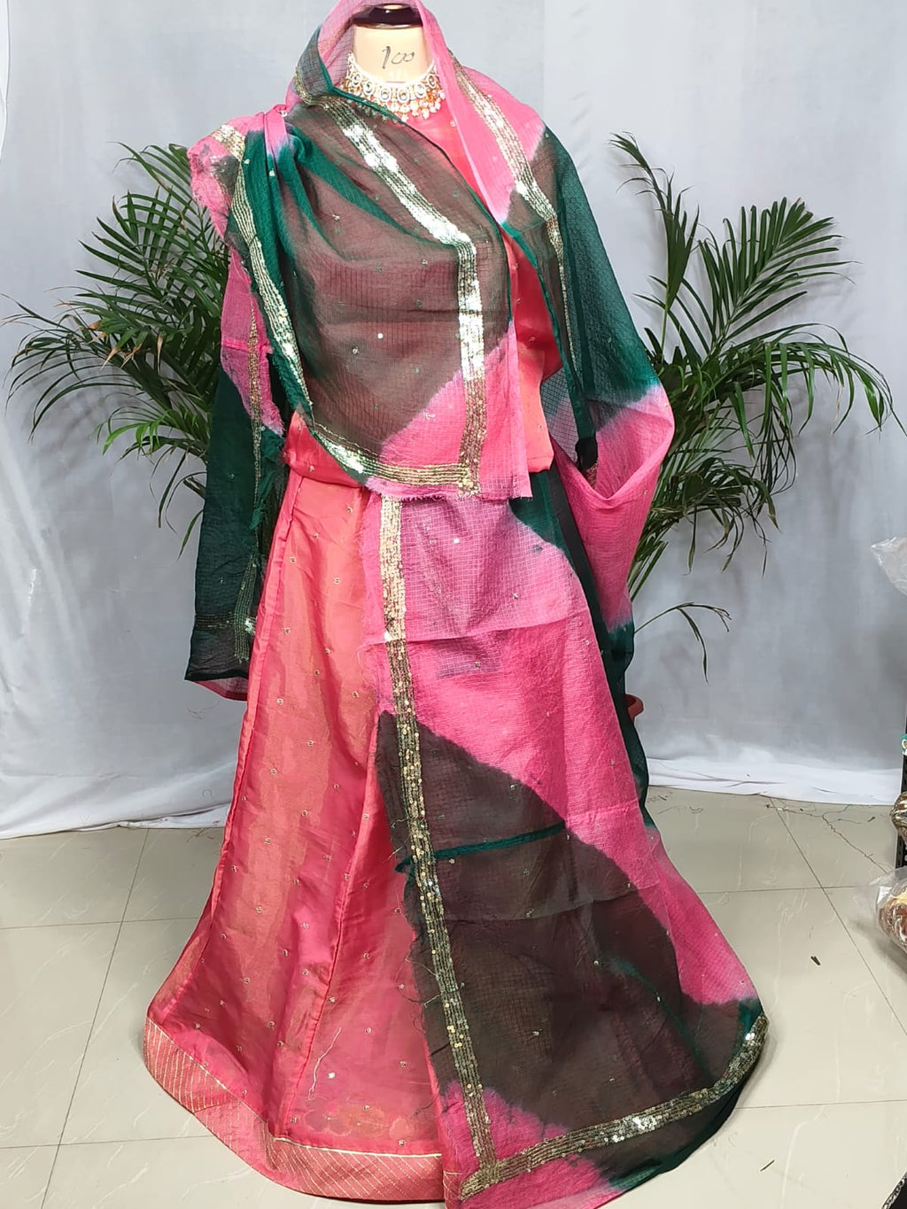 Rajputi Poshak - Tissue Pure With Doria Odhni - Coral Pink With Double Colour Doria Odhni
